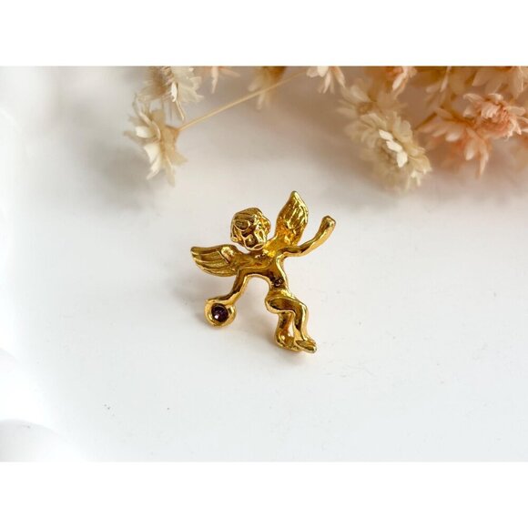 Teeny Tiny Cherub Gold T Purple Rhinestone Angel Figural Vintage Religious Pin - Picture 5 of 10